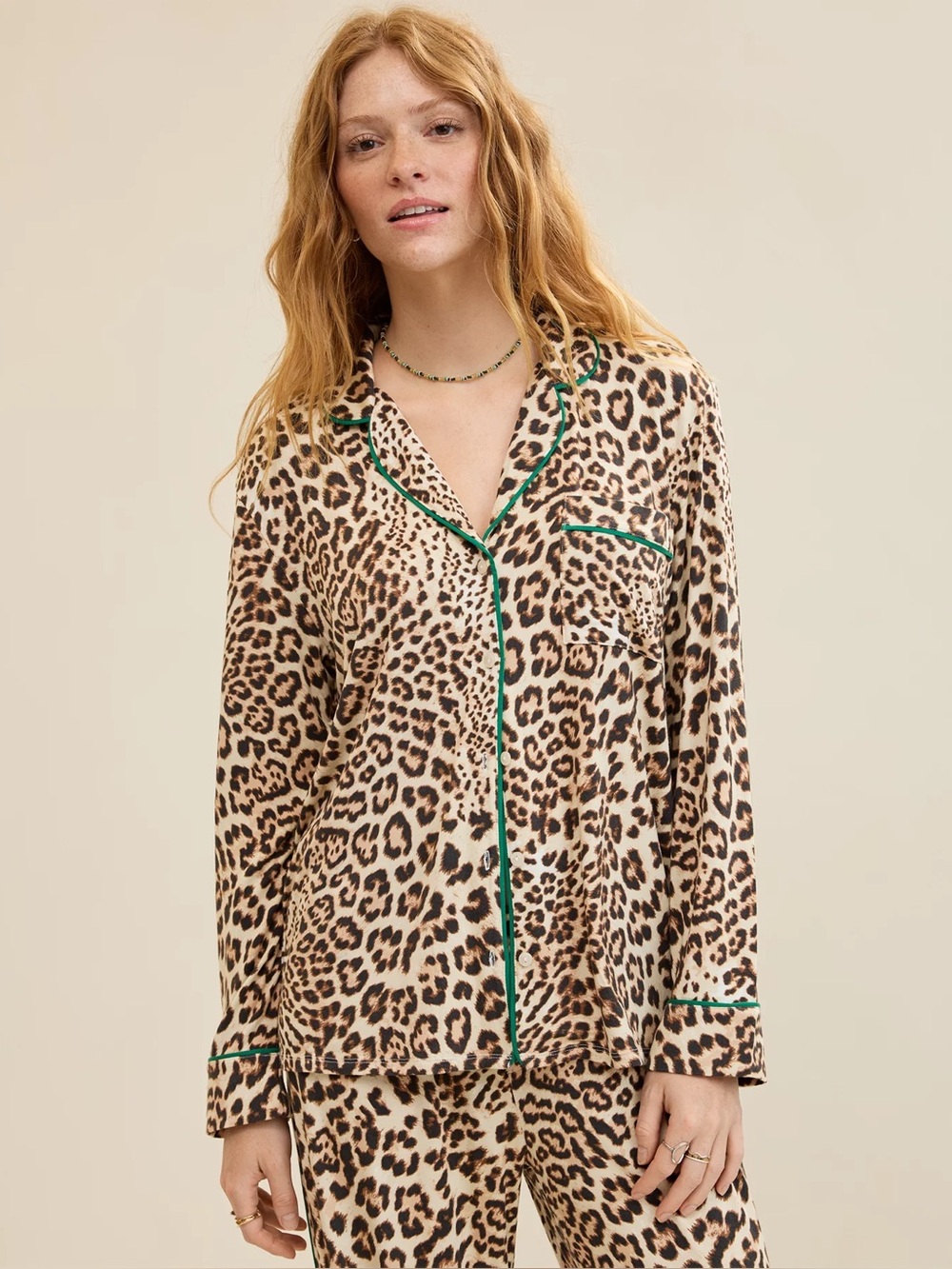 Aerie Real Soft Piping Long Sleeve PJ Top Size XL Leopard Print Animal Viscose